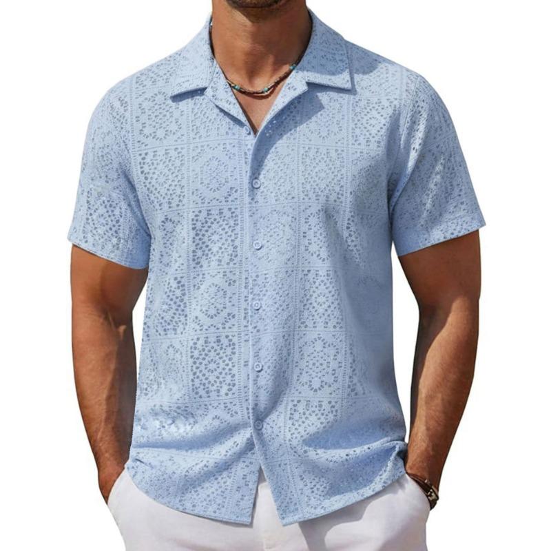Men Hollow Out Floral Textured Cuban Collar Short Sleeve Casual Button Up Shirt M