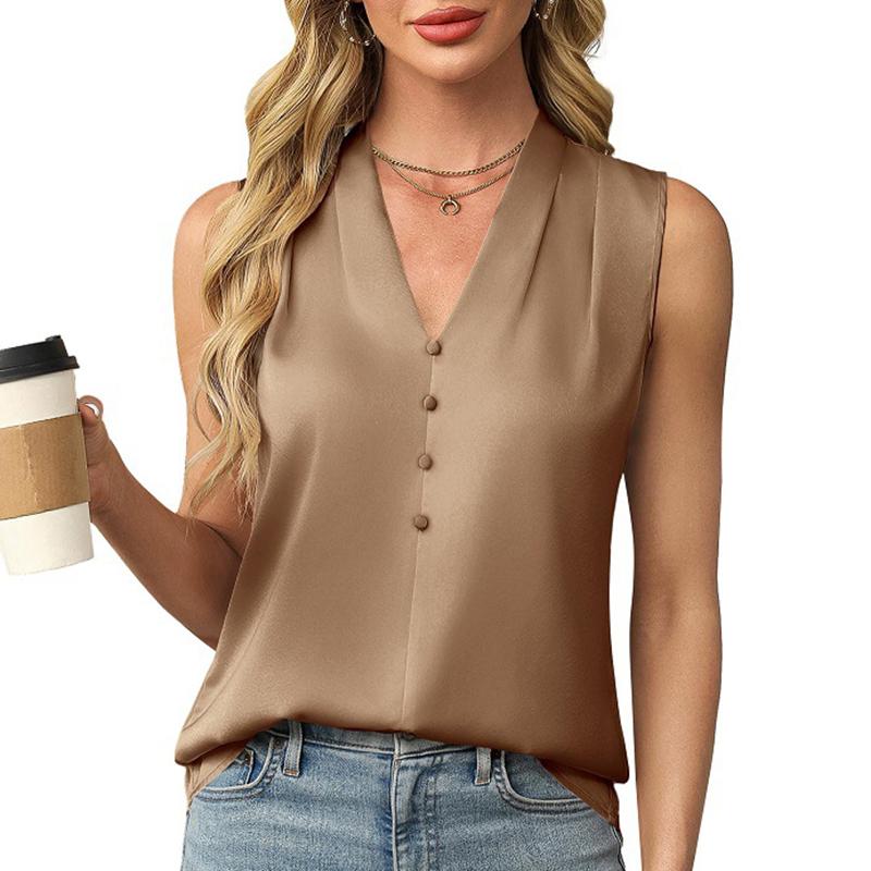 Women Summer Sleeveless V Neck Satin Solid Color Button Slim Fit Vest Top