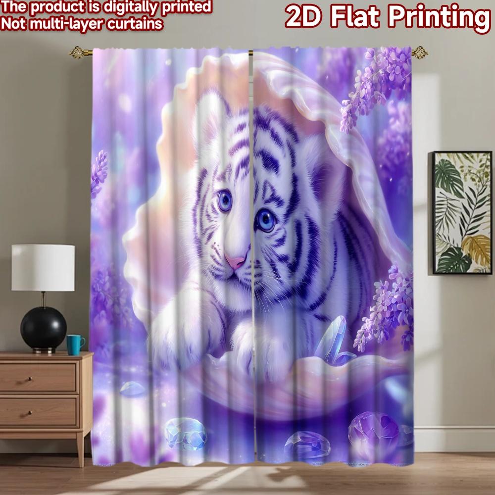 2D flat printing 2pcs Curtains Cute white tiger kitten shell crystals Digital Printed Polyester Drapes Family Party Use for