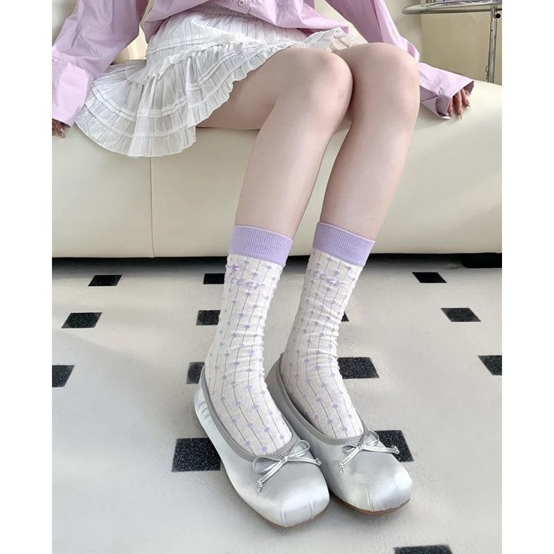 Women's Spring and Summer Thin Mid-calf Socks with Bow Polka Dot Lace White Lolita