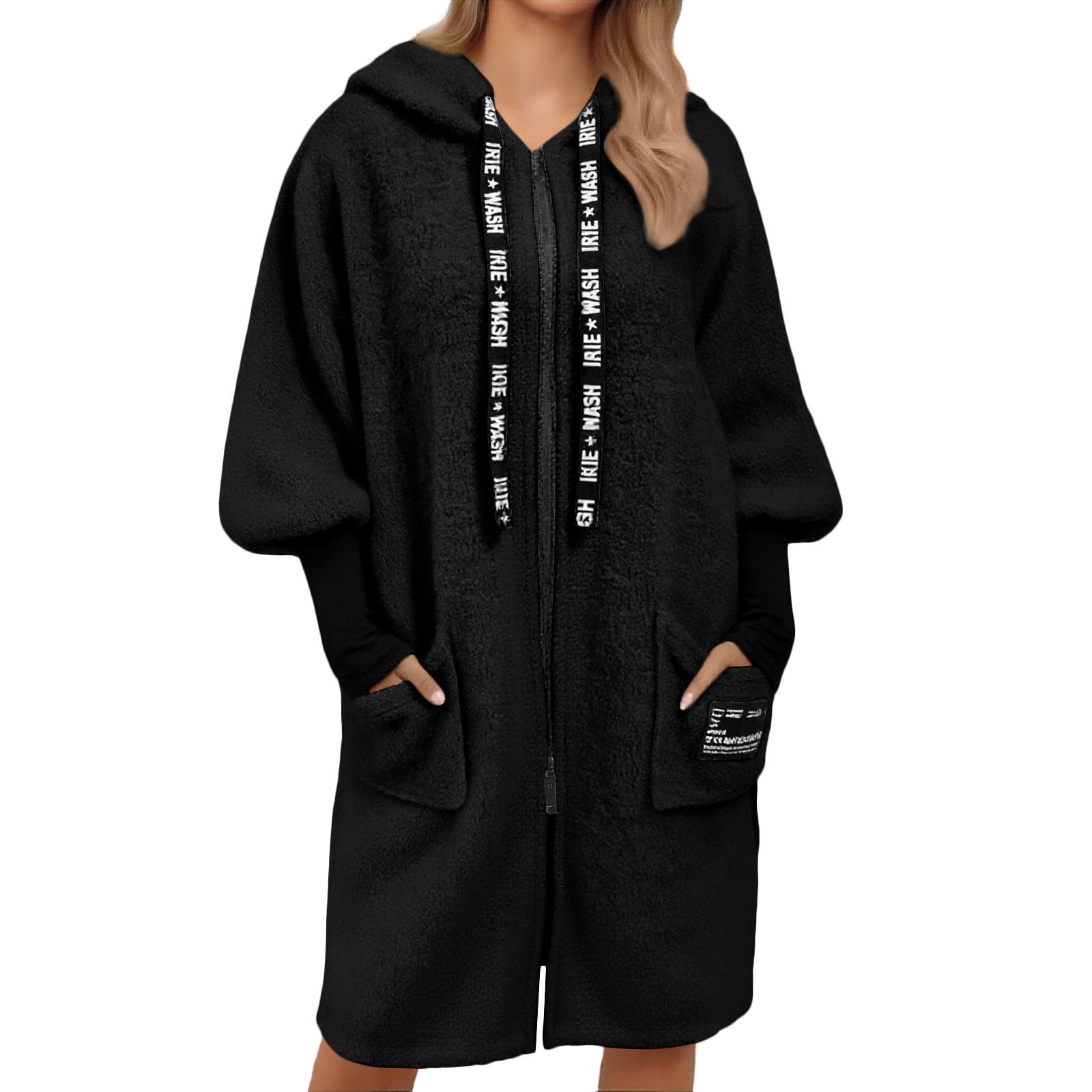 

Женское свободное повседневное теплое пальто из искусственной овчины с капюшоном на кулиске и молнии M чёрный