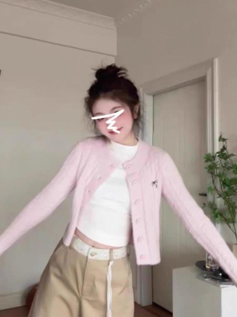 Korean-Style Pink Cable Knit Early Spring Cardigan - 2025 Ice Silk Lazy Knit