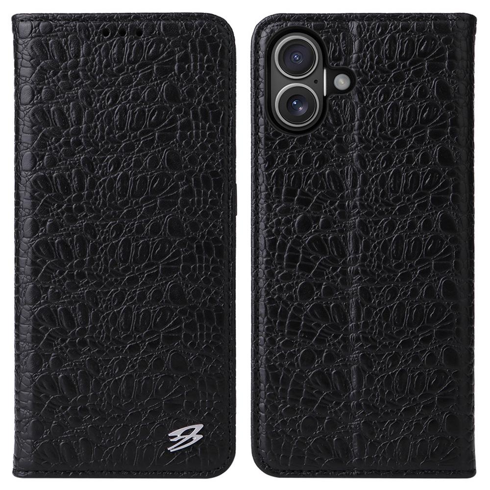 

FIERRE SHANN For iPhone 16 Case Genuine Cow Leather Crocodile Texture Wallet Phone Cover Black