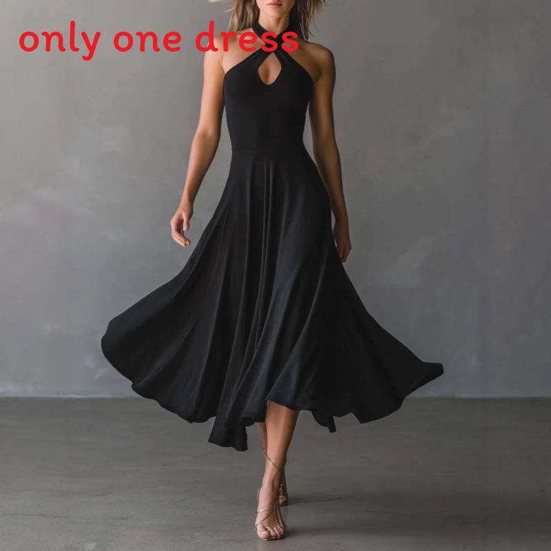 Elegant Vintage Black Lock Hole Backless Halter Aline Long Dress For Summer 2026