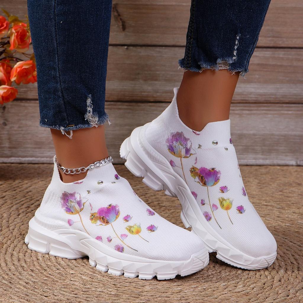 Letters Floral Print Platform Sneakers for Women Knitting Casual Sports Shoes Woman Non Slip Breathable Running Shoes