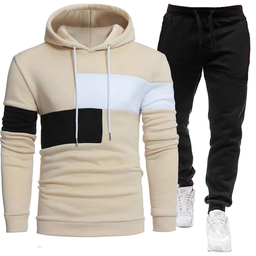 2024 Men's 3-Piece Fleece-Lined Patchwork Hoodie Sportswear Set