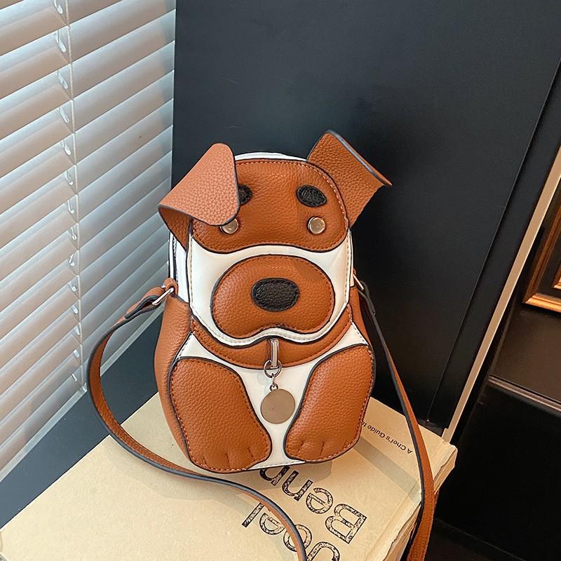 Cute Cartoon Dog Patchwork Crossbody Bag Women Small PU Shoulder With Zip Design Daily Use
