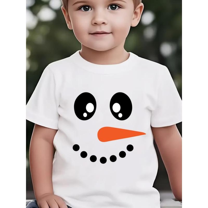 European sizes Boys  Short Sleeve T-Shirt with Snowman & Carrot Print - Christmas Winter Theme Summer Casual Round Neck Top | Holiday Outfit 110 белый