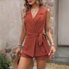 Women's Sleeveless V-Neck Belted Waist Jumpsuit Shorts