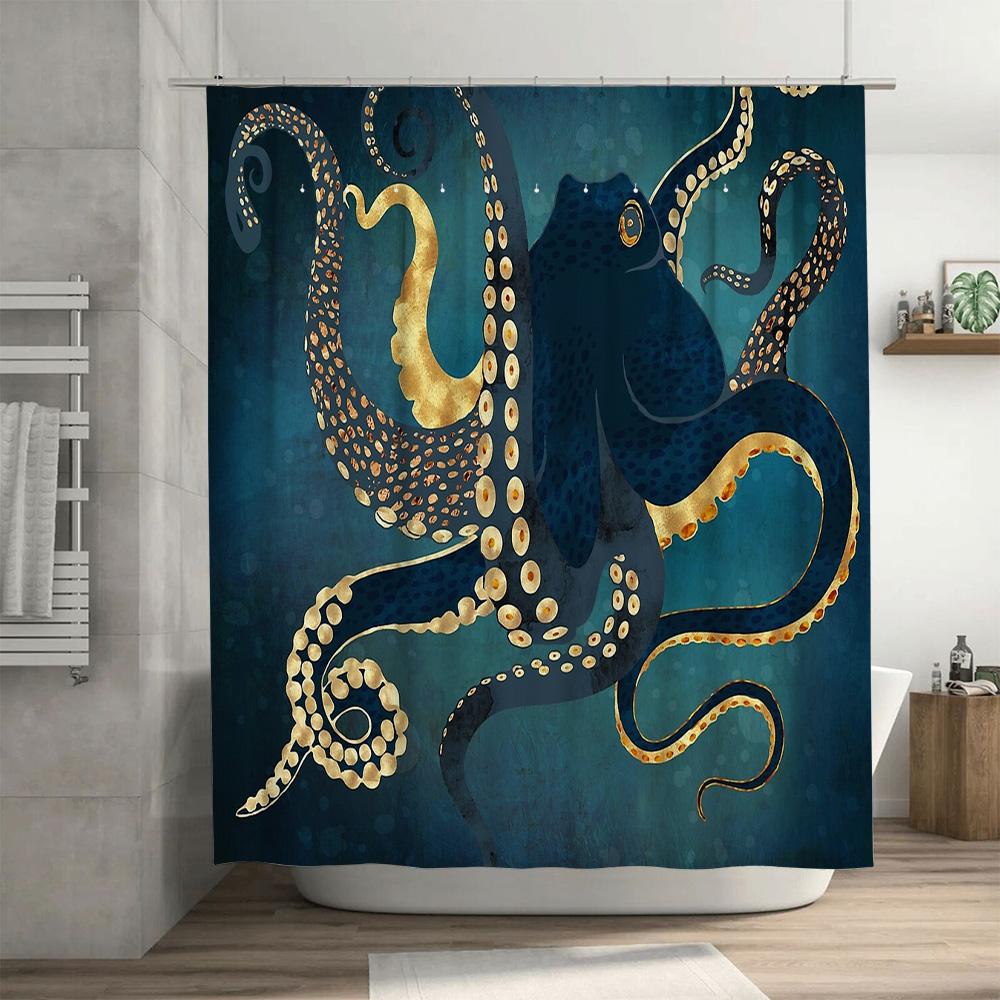 Oceaan Octopus Douchegordijn Zeeleven Kust Badkamer Decoratie Nautisch Petrol Blauw Waterdicht Douchegordijn Set Vintage Muurkunst