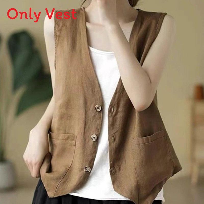 Women Loose Fit Short Linen Vest With Button Detail And V Neck Summer Casual Wear