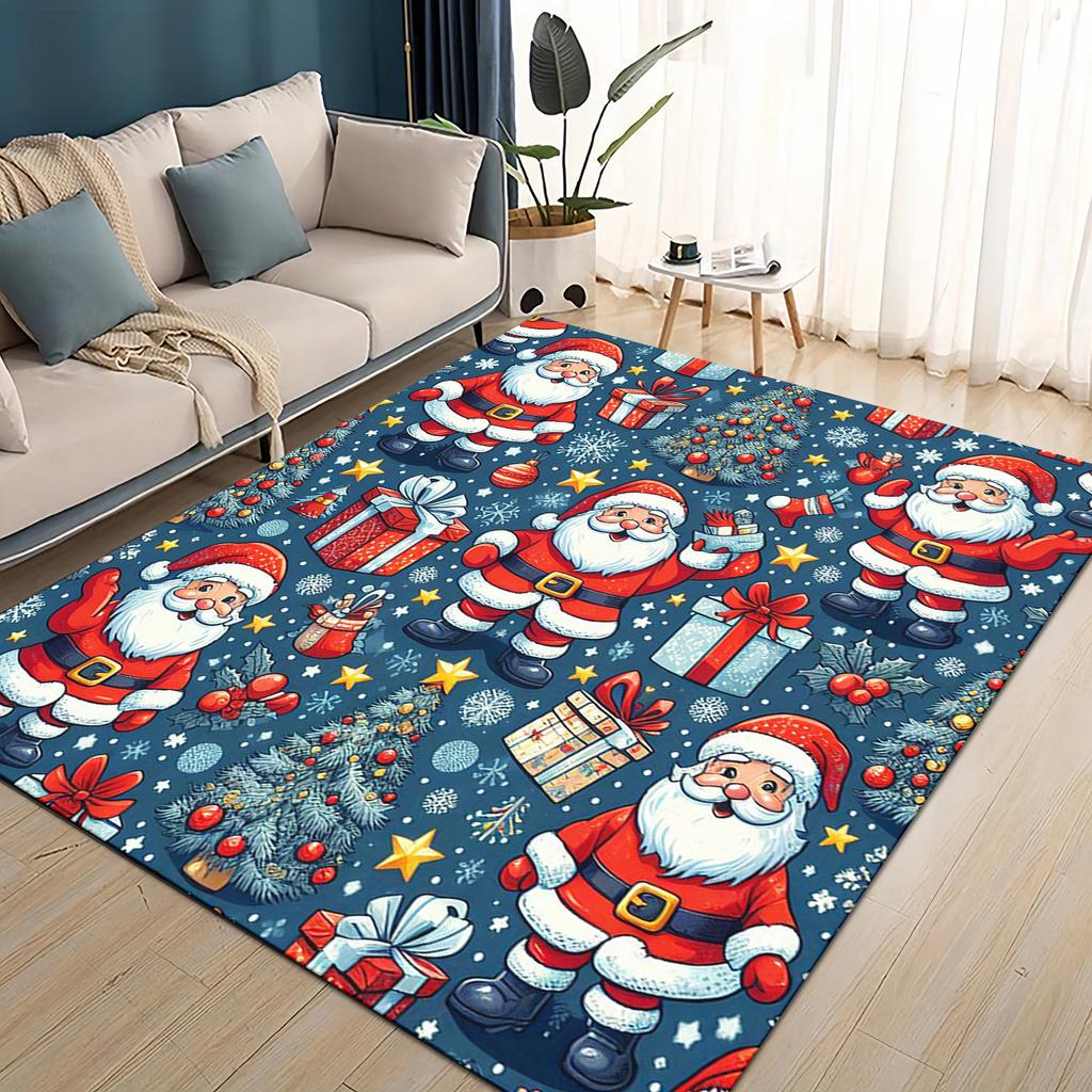 Merry Christmas Cartoon Santa Claus Snowman New Year Gift Carpet Rug for Living Room Bedroom Home Sofa Decoration,Non-slip Mat