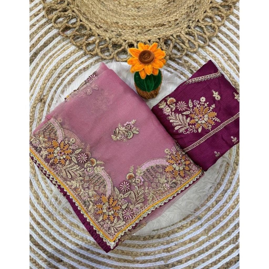 Premium soft zippy silk with c pallu multi thread and zari embroidery work with readymade lace and piping border