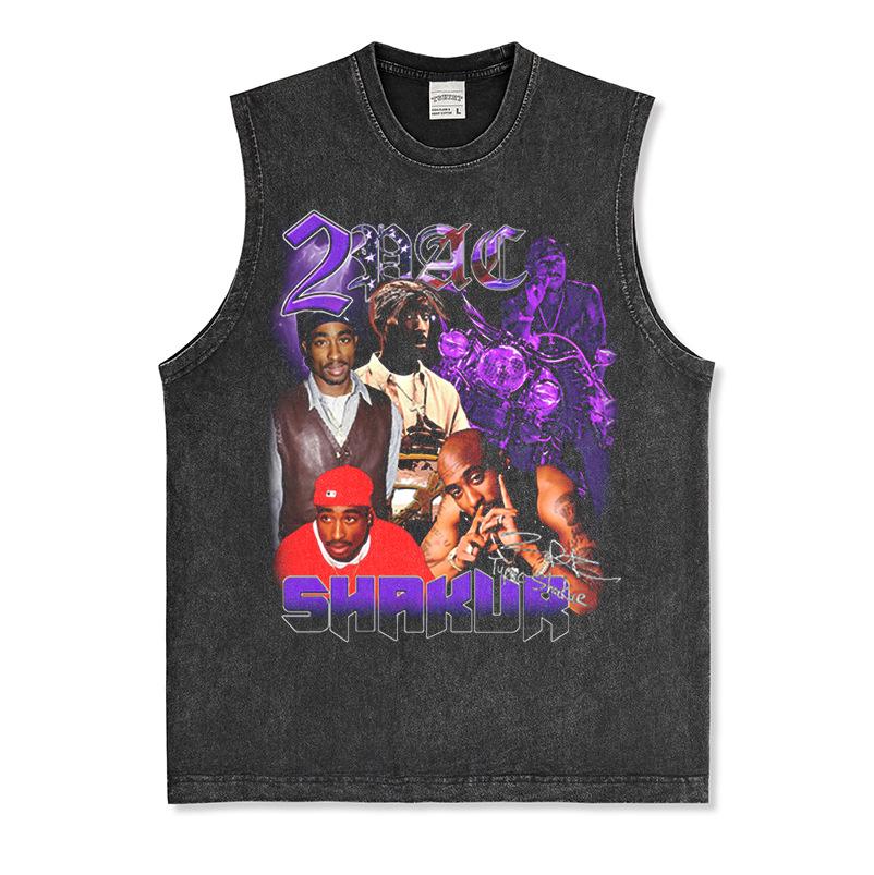 Canotta Senza Maniche Tupac Grafica Retro High Street Cotone Pesante