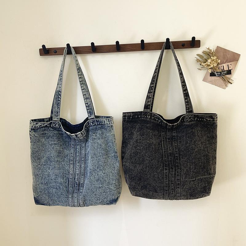 Lazy wind washed denim bag women's new literary canvas shoulder bag large capacity commuter tote bag
