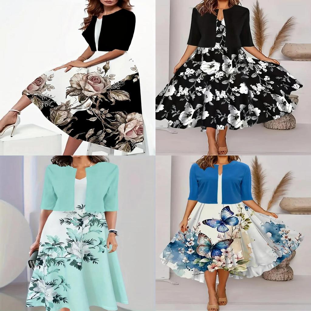 European Style Women Long Skirt Twopiece Set With Floral Print And Vneck For Casual Wear