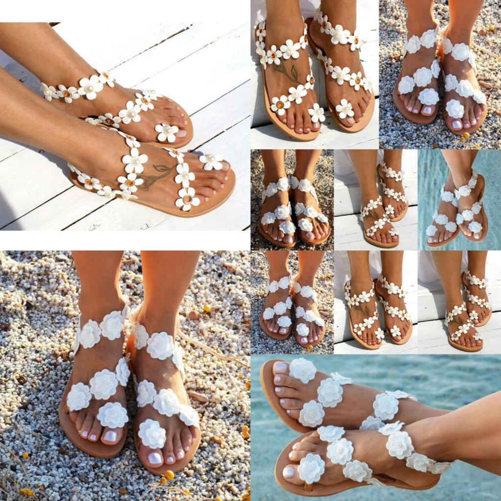 Elegant Women Summer Bohemia Flower Beach Sandals Flat Shoes Slippers Flip Flops