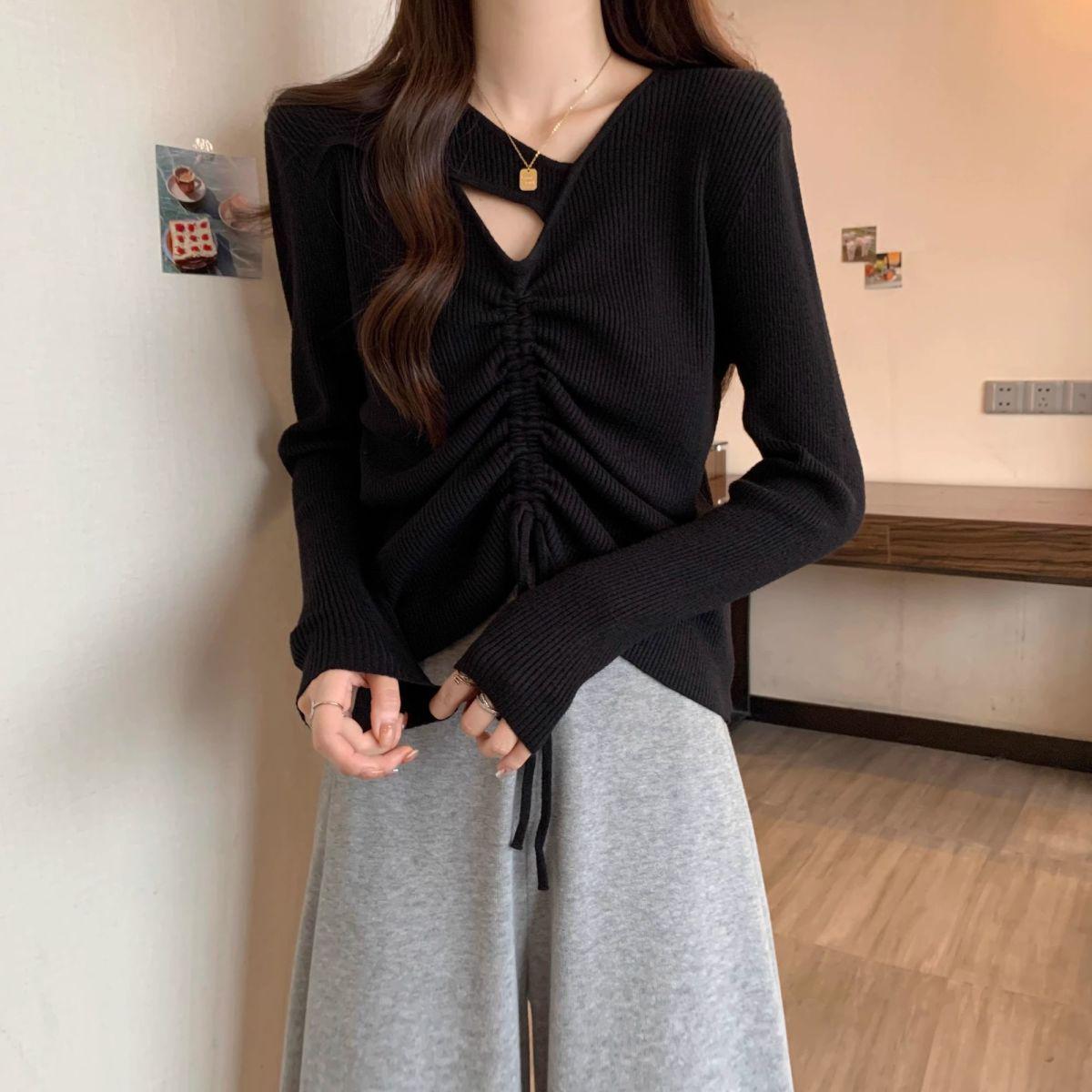 

Plus Size Women s Drawstring V-Neck Long-Sleeve T-Shirt, Spring/Autumn 2025 Stylish Versatile Loose Slimming Base Layer S чёрный