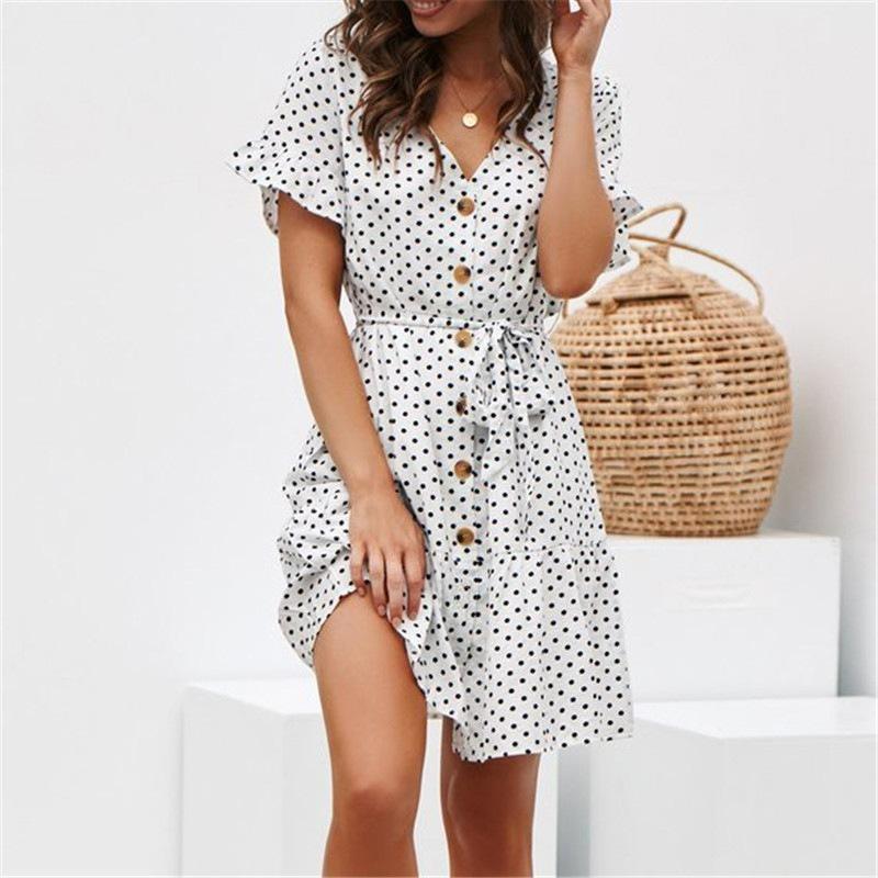 Women's Polka Dot Mini Dress V Neck Button Front Tie Waist Short Sleeve Summer Dress