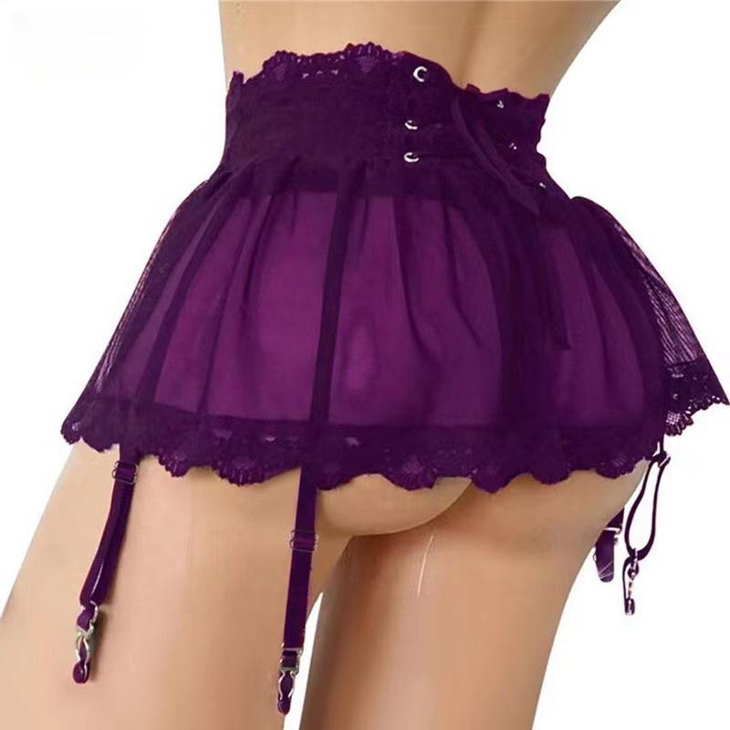 

Sexy Transparent Lace Mini Skirt Women s Bow Decoration Chiffon Micro Skirt Lace Edge Sexy Women s Sleeping Skirt 2XL фиолетовый