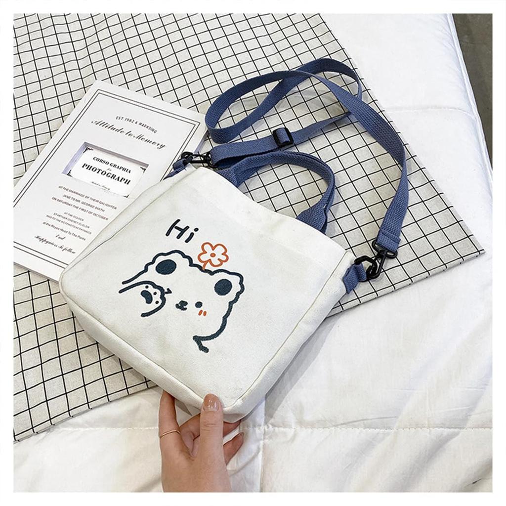 Huimei Women's Canvas Tote Bag, 2-Way Shoulder Bag, Cute Canvas Fabric, Large Capacity, Lightweight, Perfect for Commuting to Work or School (White A)