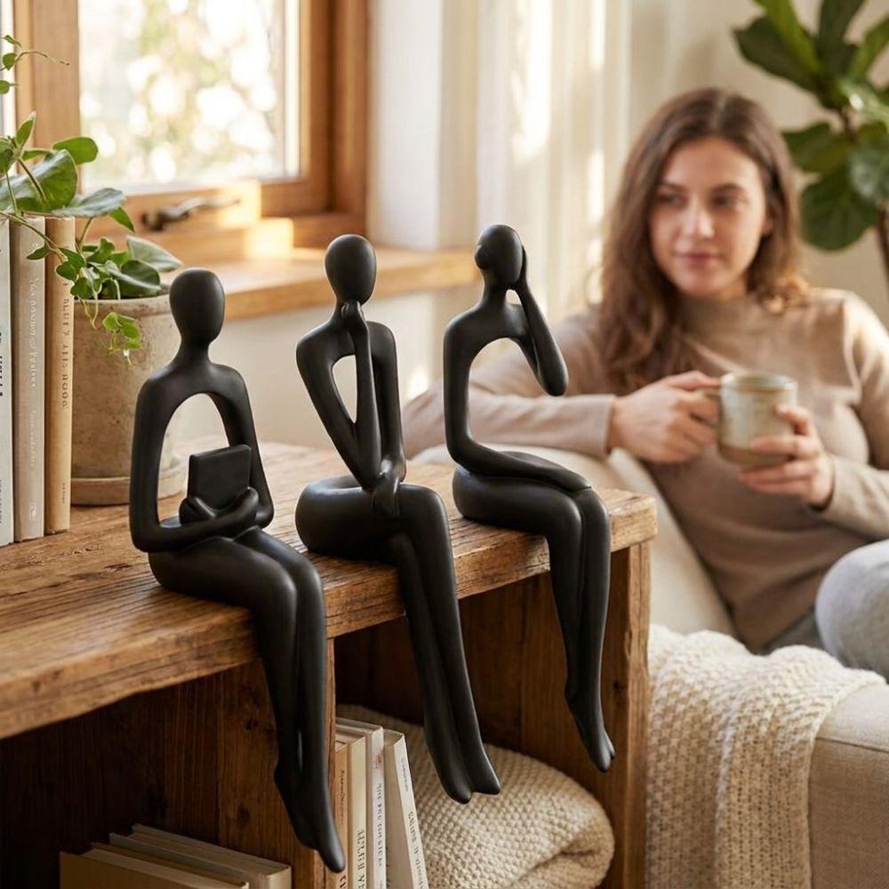 3Pcs Long Leg Abstract Sitting Human Sculpture Set Hollow Reading Thinking Figurine Office Desk