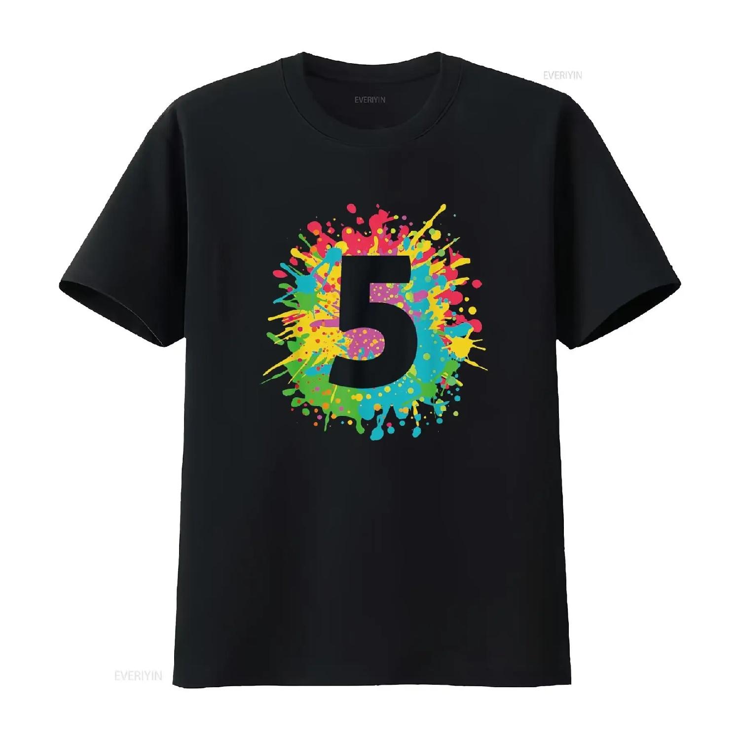 

5th Birthday paint splashes T shirt for kids girls boys vintage Washed Breathable Unisex Versatile Soft Slightly Stretched XXXXXL чорний