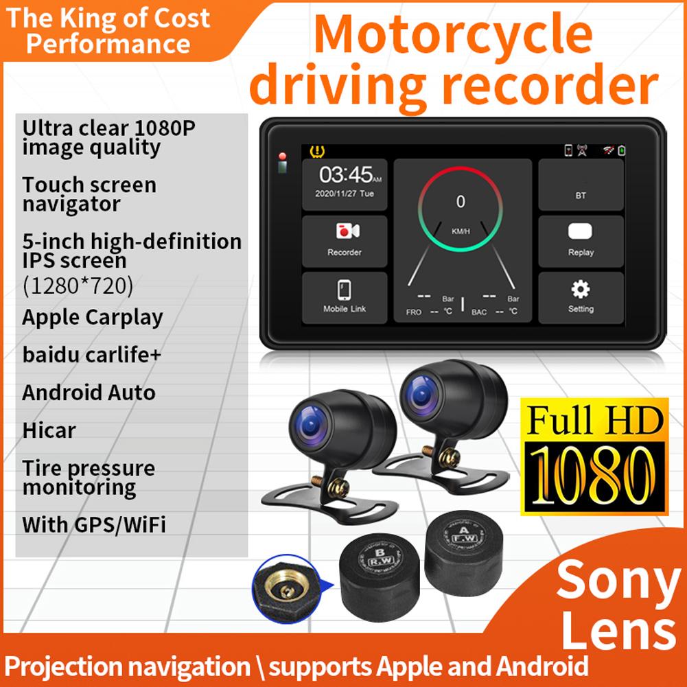 5 Zoll Drahtloser Carplay Android Auto Motorrad Camcorder IP65 Wasserdicht Dash Cam Reifendrucküberwachung Mirror Link G-Sensor