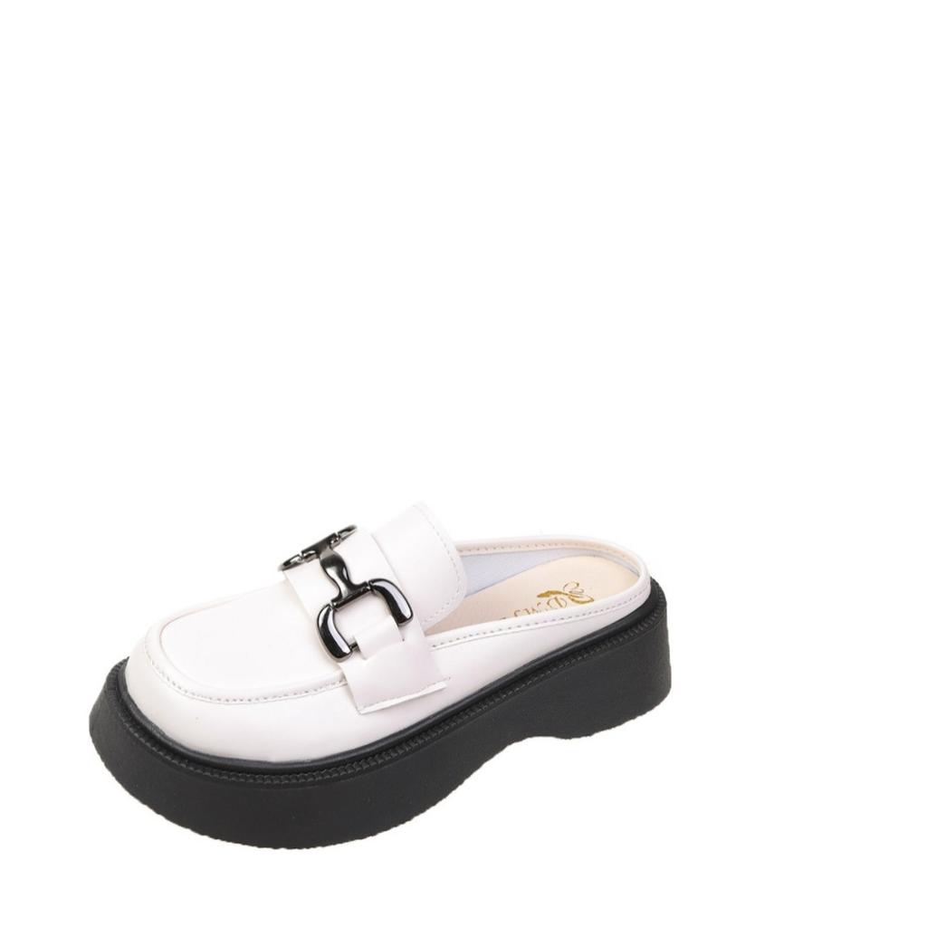 Baotou Hausschuhe Damen Frühling und Herbst neu Außen tragen Muffin Halbschuhe ohne Absatz Plateau Mode Schuhe Damen