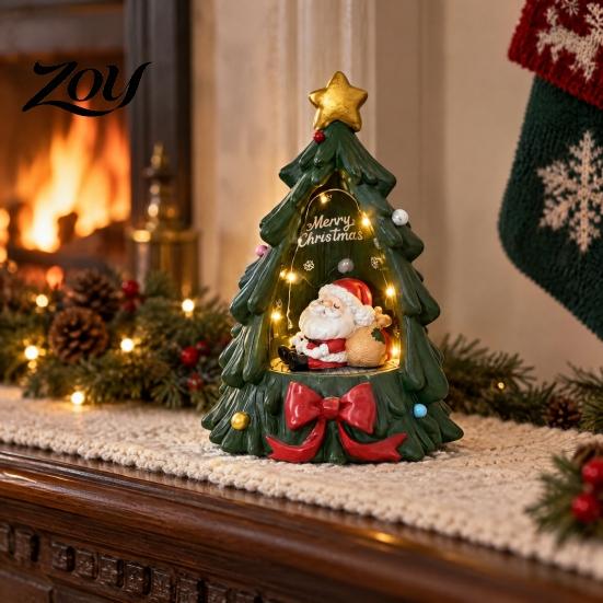 Christmas Tree Figurine with Lights Resin Ornament Warm LED Lights, Festive Tabletop Decor for Holiday Home Fireplace Office Decoration, Santa