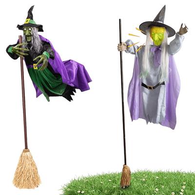 Latająca Wiedźma Dekoracja ze Strasznymi Dźwiękami i Światłami Halloween Latająca Wiedźma Dekoracja Miotła Czarodziej Dekoracja do Ogrodu Podwórka Trawnika Wnętrza
