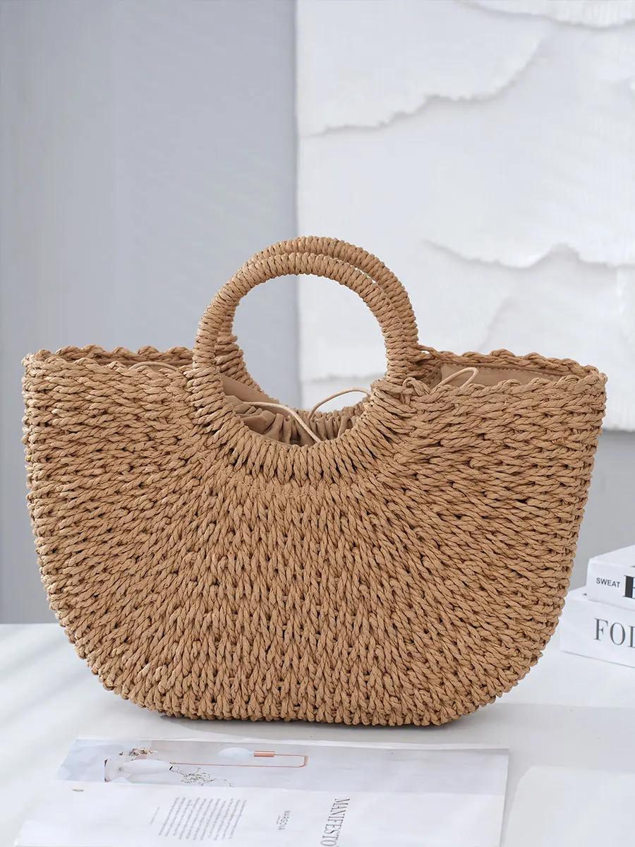 

2025 New Handheld Straw Woven Bag for Women Handmade Portable Handbag Large Capacity Beach Bag Handheld Money Bag Moon Bag 40x25cm