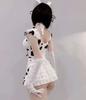 Lady Lazy Sexy Dairy Cow Maid Cosplay Costume, Perfect for Photoshoots, Mini Dress, White and Black Cow Print, Includes Knee-High Socks