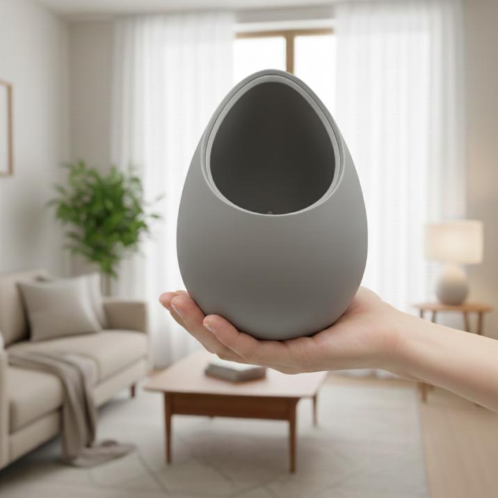 A modern, decorative gray plant pot in the shape of a nest for plants.