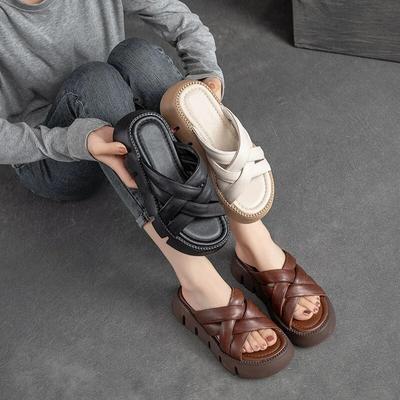 Pantofole con plateau da esterno comode in vera pelle con suola spessa Scarpe da donna Ciabatte con zeppa vintage