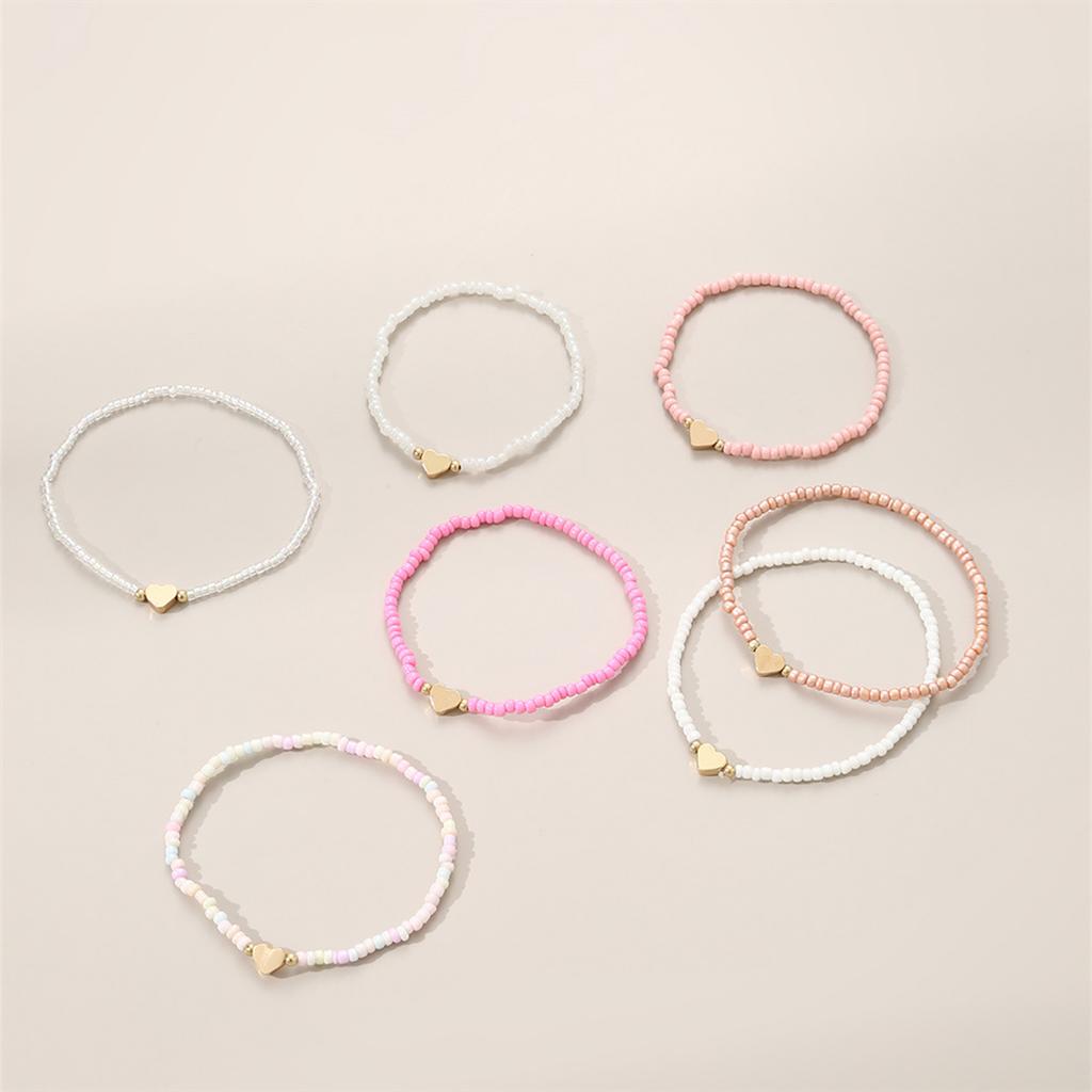 7Pcs Colorful Rice Beads Bracelet Peach Heart Beaded Bracelet Fashionable Love Heart Stacked Hand Zircon Gift for Women Girls