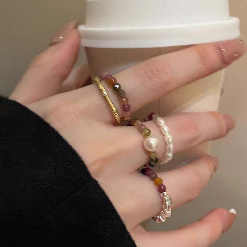 Vintage Tourmaline Pearl Ring for Women, Non-Fading, Unique Design, Index Finger Ring with Colorful Beads and Broken Silver.