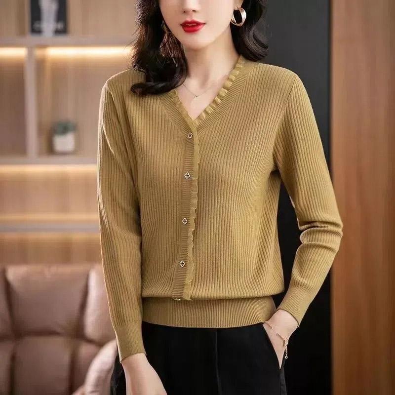 

Женские свитера, пуловеры 2025 Осень Зима Длинный рукав V-образный вырез Черный вязаный свитер Женские топы, пуловер JJ79 One Size жёлтый