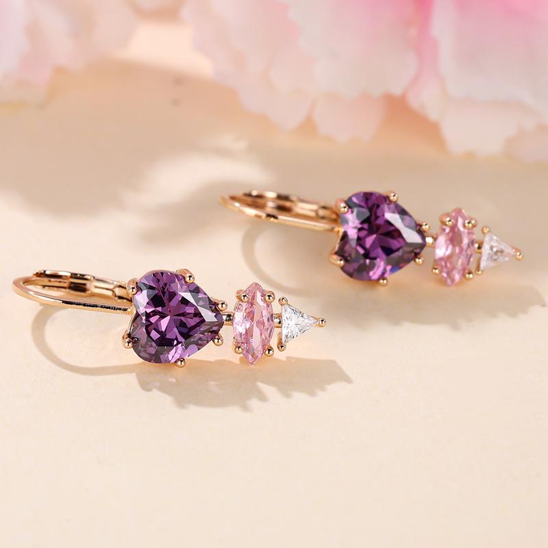 Módní fialové náušnice se zirkonovým srdcem pro ženy s kroužkem Visací náušnice ve zlaté barvě Dárek na svatební párty