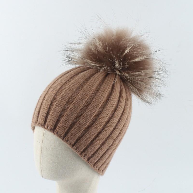 Kids Warm Knit Beanie Hat With Faux Fox Fur Pom Winter Cap Boys Girls No Brim Soft Handcrafted