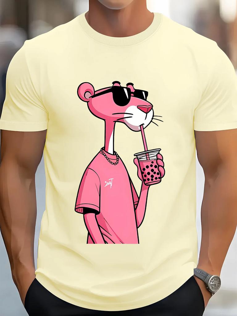 [ Retro Hiphop Tee] Casual  T-Shirt - Milk Tea Leopard Print, Crew Neck, Short Sleeve, All-Season Knit Fabric, Regular Fit