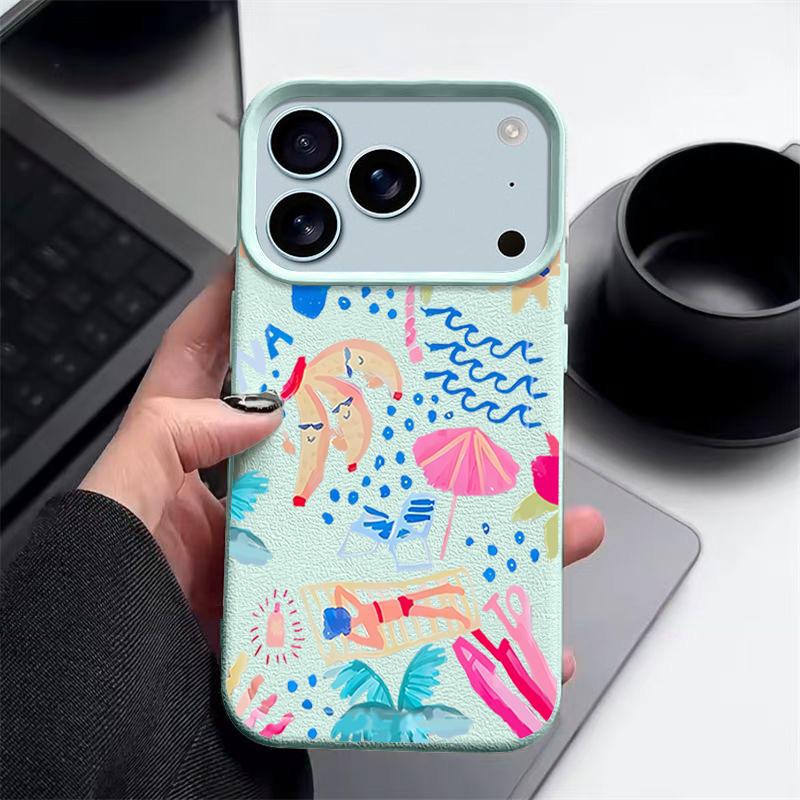 For iPhone 17 Pro Max Case Luxury Cartoon Vacation Painting Leather Texture Silicone Cover For iPhone 16 Pro Max 15 14 13 12 11 16E Air