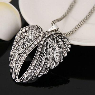 Women Retro Heart Angel Wing Crystal Pendant Long Chain Necklace Fashion Jewelry
