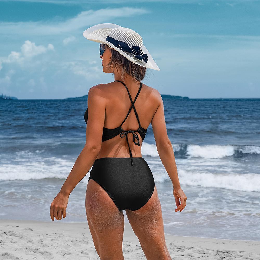 CHARMLEAKS Damski zestaw bikini na co dzień Crop Hollow Out dwuczęściowy zestaw strój kąpielowy w jednolitym kolorze