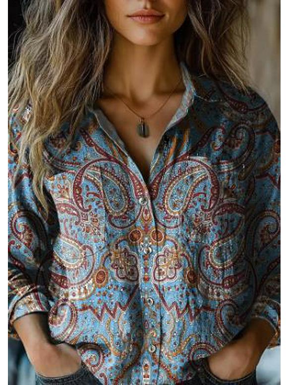 2025 Spring/Summer/Autumn Women's Versatile Printed Casual Lapel Shirt