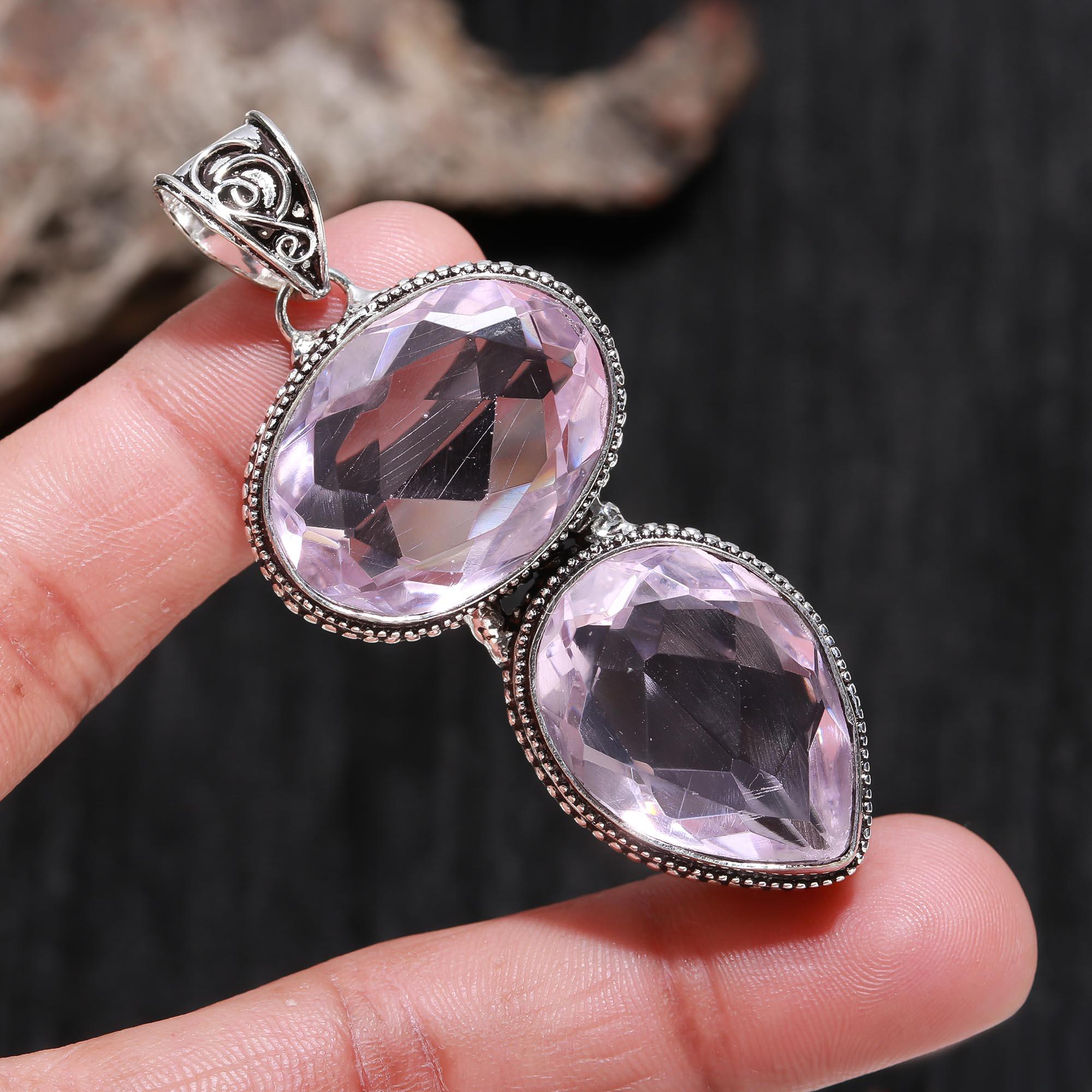 

Pink Kunzite Gemstone 925 Sterling Silver Boho Jewelry Antique Pendant