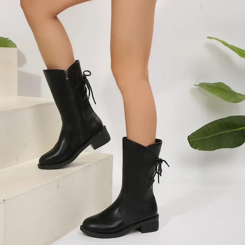 2024 High Quality Ladies Shoes Side Zipper Women's Boots Fashion Rear Lacing Modern Boots Women Winter Plus Size Mid-Calf Boots