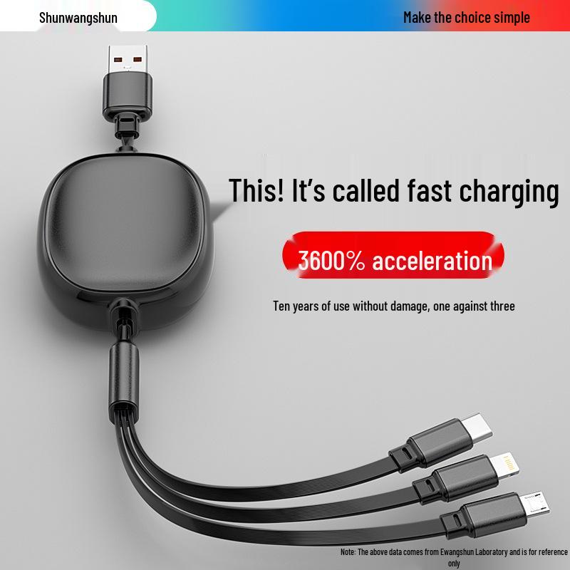 Shun Wang Three-in-One Retractable 120W Fast Charging Cable with Multi-functional Three Heads for Car.