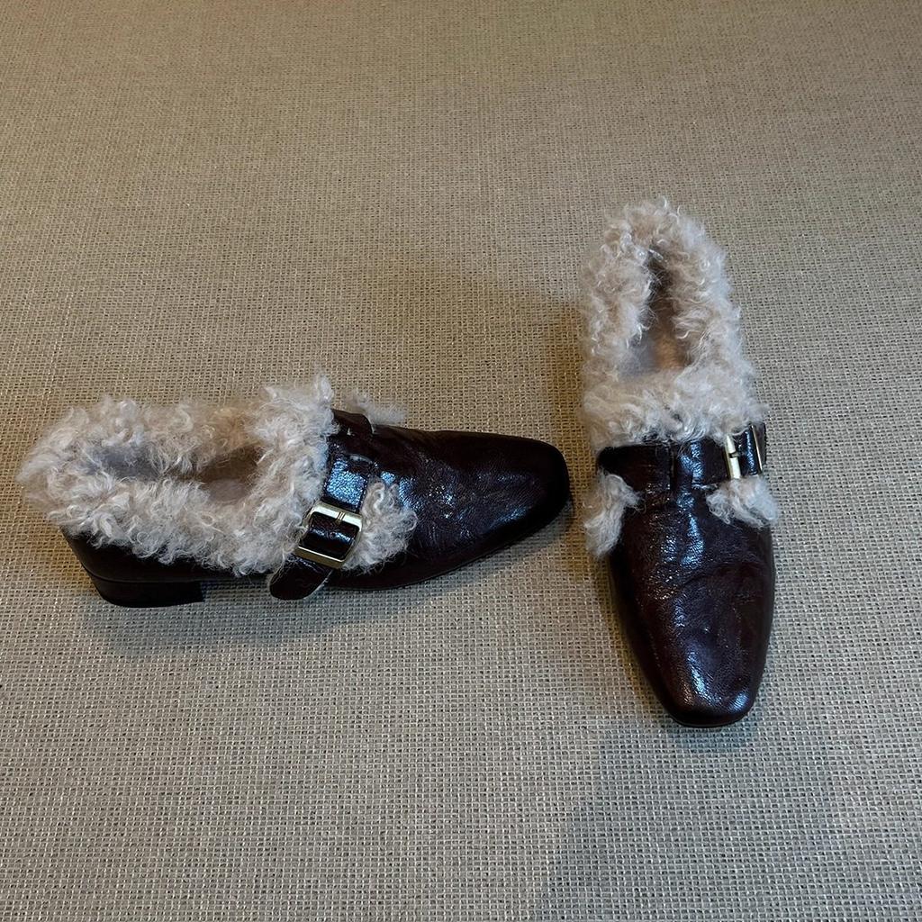 Retro Velvet Warm Belt Buckle Fluffy Shoes Winter Single Shoes Women's Thick Heel