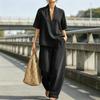 Women's Summer 2 Piece Denim Set Short Sleeve Lapel V Neck Top And Wide Leg Pants Tracksuit Casual Vacation Outfits with Pockets